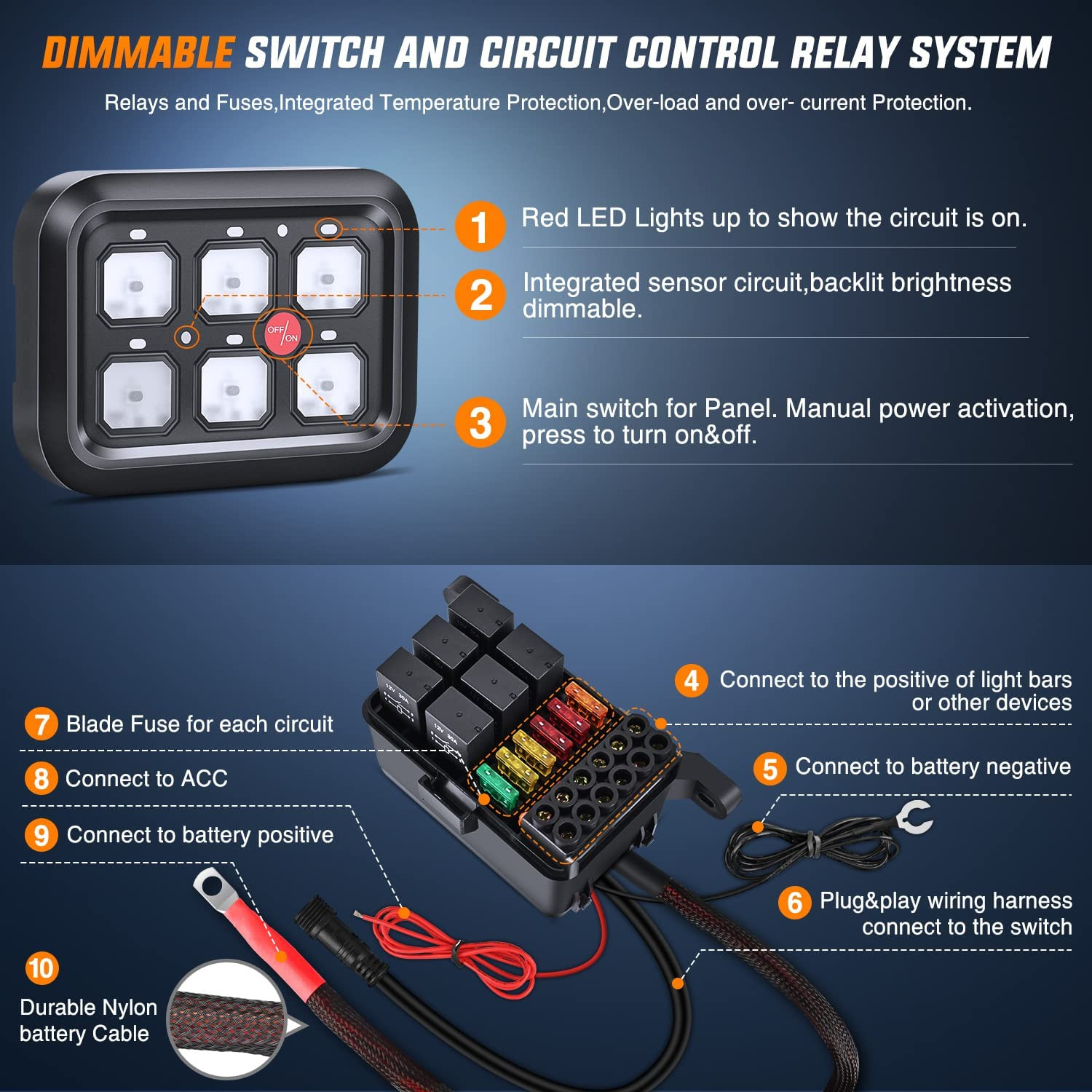 6 Gang Switch Panel Universal Circuit Control Relay System with Fuse Wiring Harn