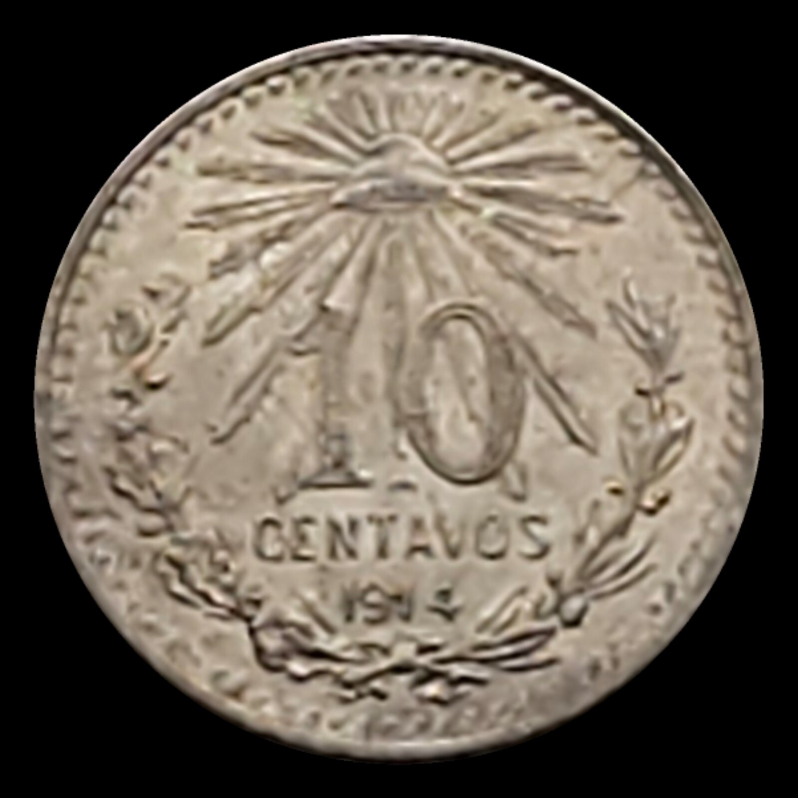 1914 Mexico 10 Centavos Coin, .800 Silver, Radiant liberty cap, Coat of Arms