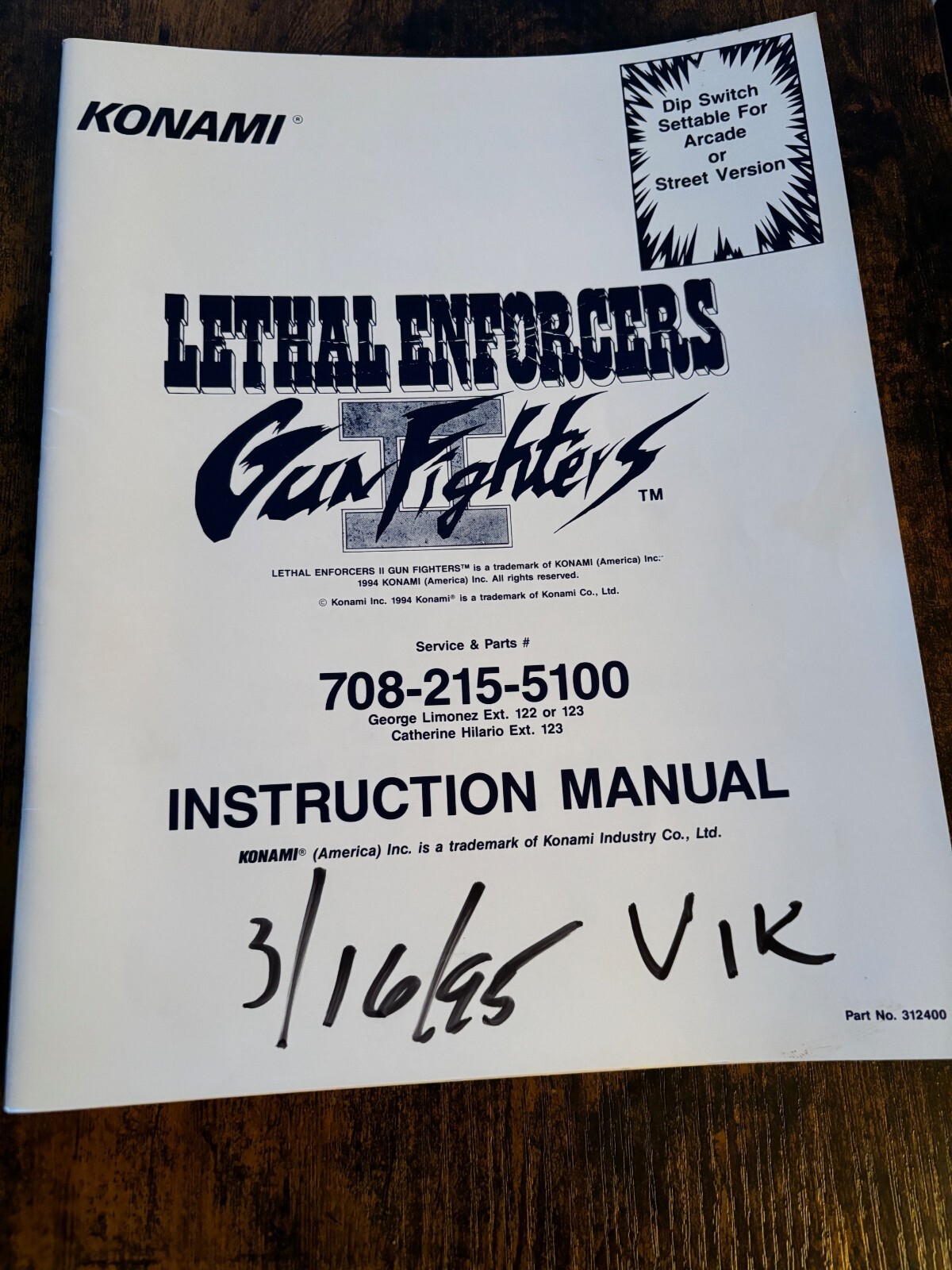 Konami Lethal Enforcers 2 Gun Fighters Arcade Game Instruction Manual
