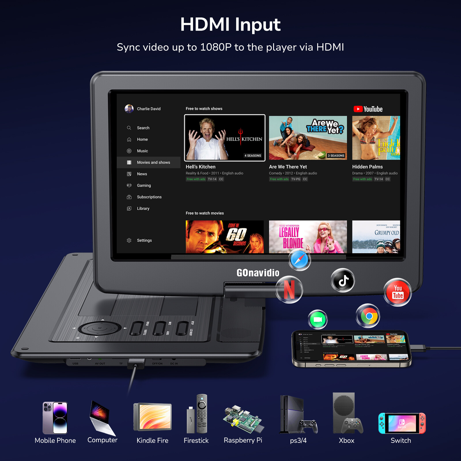 19" Full HD Portable DVD Player with 16" Screen HDMI Region Free USB Battery AV