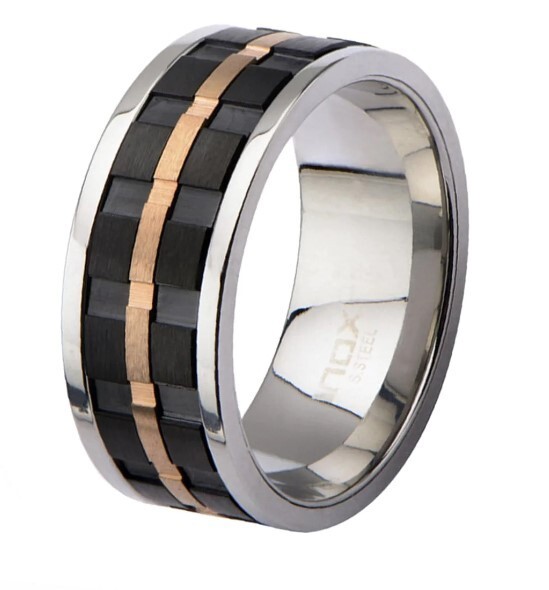 Rose Gold, Black, & Silver Stainless Steel Ridged Stripe Spinner Ring Size 10