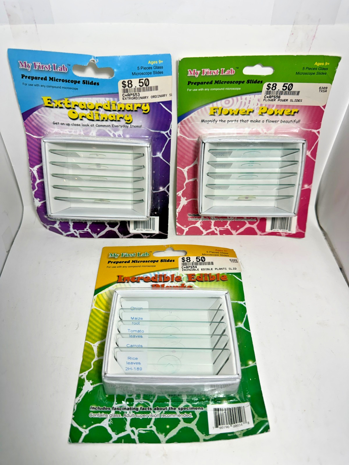 3pc Microscope Slides Extraordinary Ordinary, Flower Power, Edible Plants