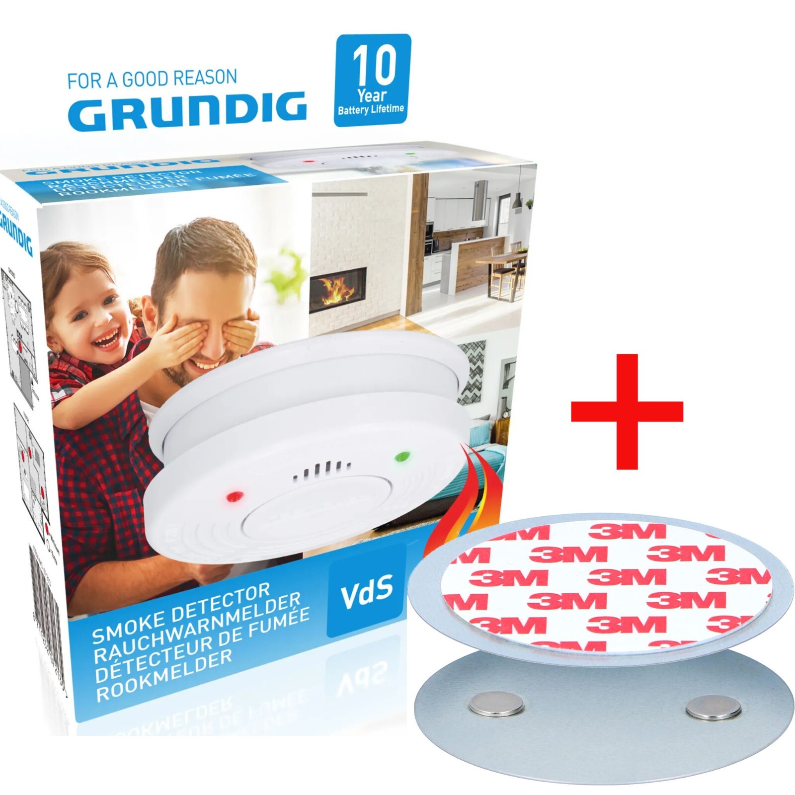 Grundig Smoke Alarm 10 Year Battery Life 85dB Inc + 3M Adhesive Pad Set
