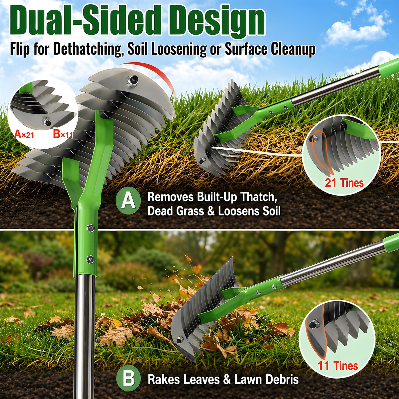 Heavy Duty Thatch Rake for Lawns - 13” Deep-Clean Dethatching Rake for Dead G...