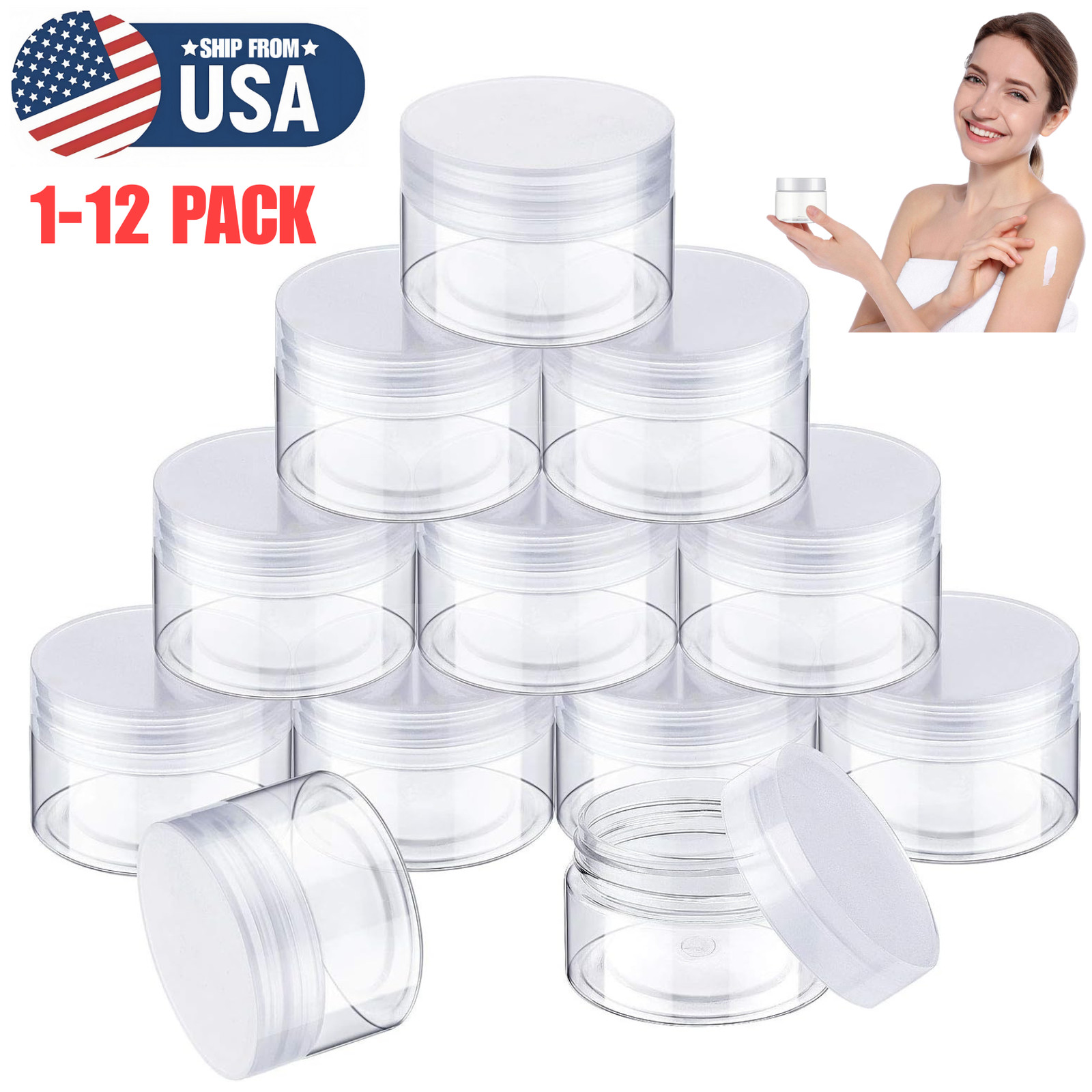 12× Plastic Pot Jars Round Clear Leak Proof Plastic Cosmetic Containers 2 oz USA
