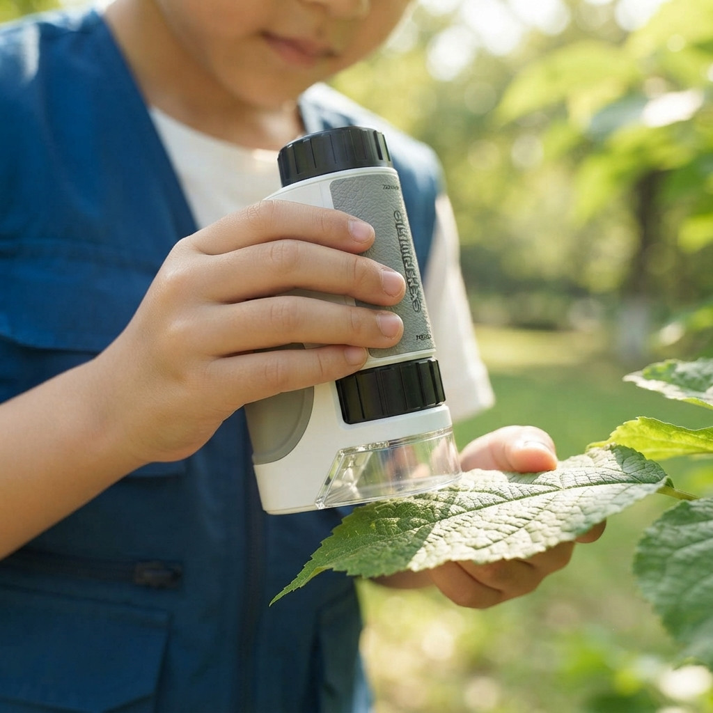 Kids Handheld Mini Microscope, 50X-300X Portable Optical Microscope with LED/UV