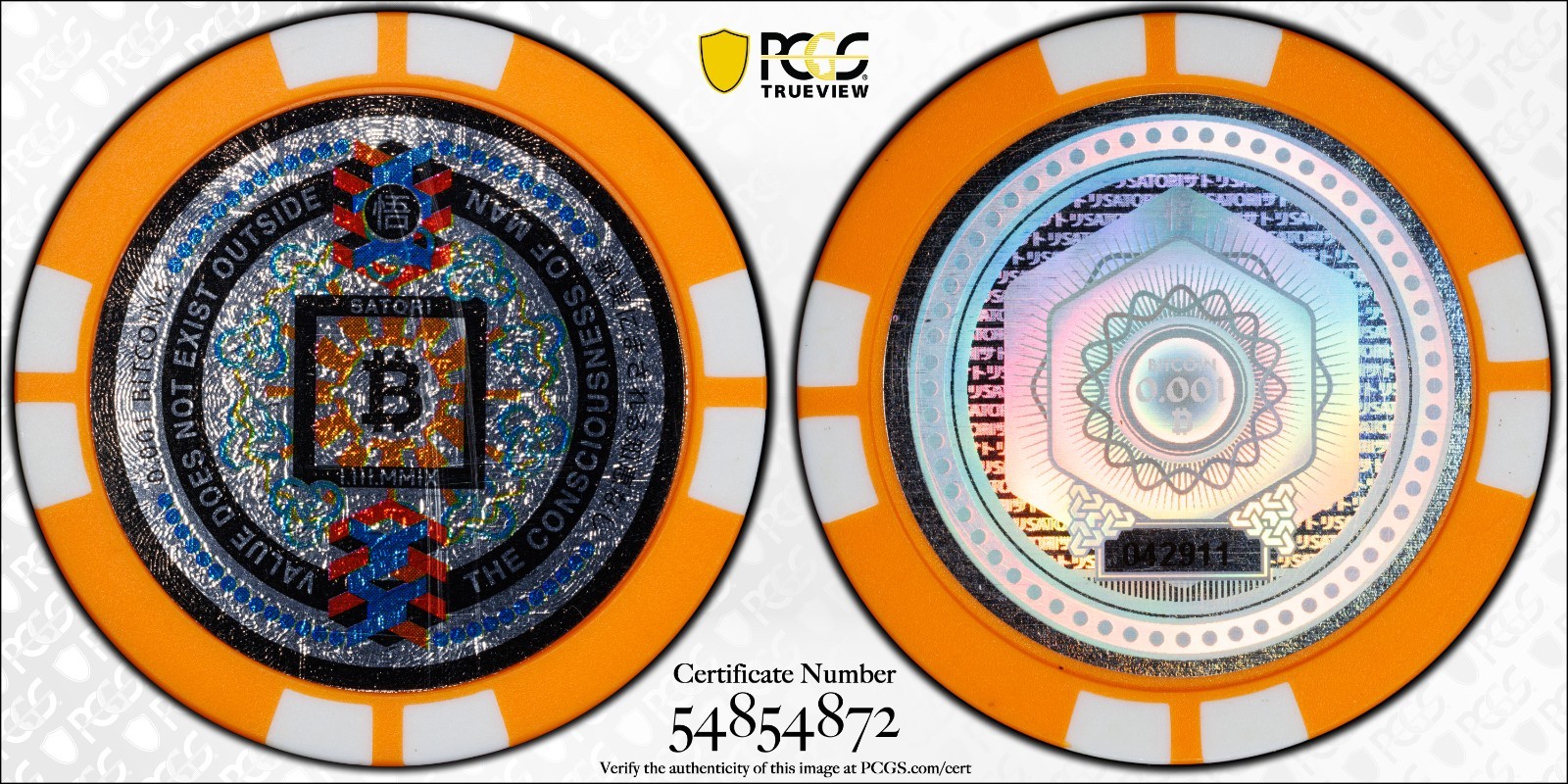 Loaded Satori 0.001 BTC Physical Bitcoin Chip PCGS MS70 TrueView