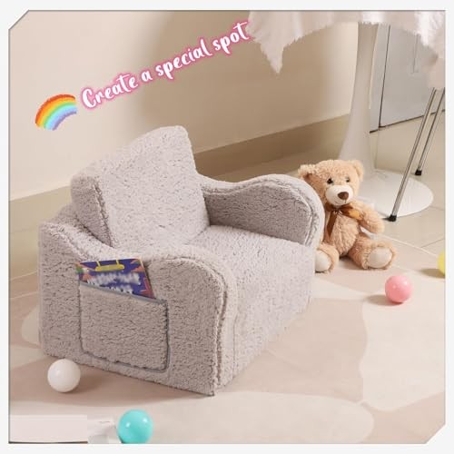 Kids Sofa, 2-in-1 Flip-Out Foam Couch with Soft Sherpa Cover, Cozy Medium Grey