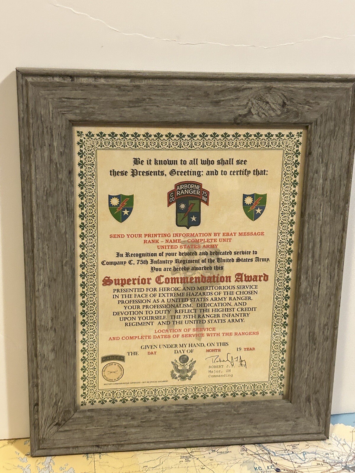 U.S. ARMY - 75TH RANGER / C CO - SUPERIOR COMMENDATION AWARD CERTIFICATE