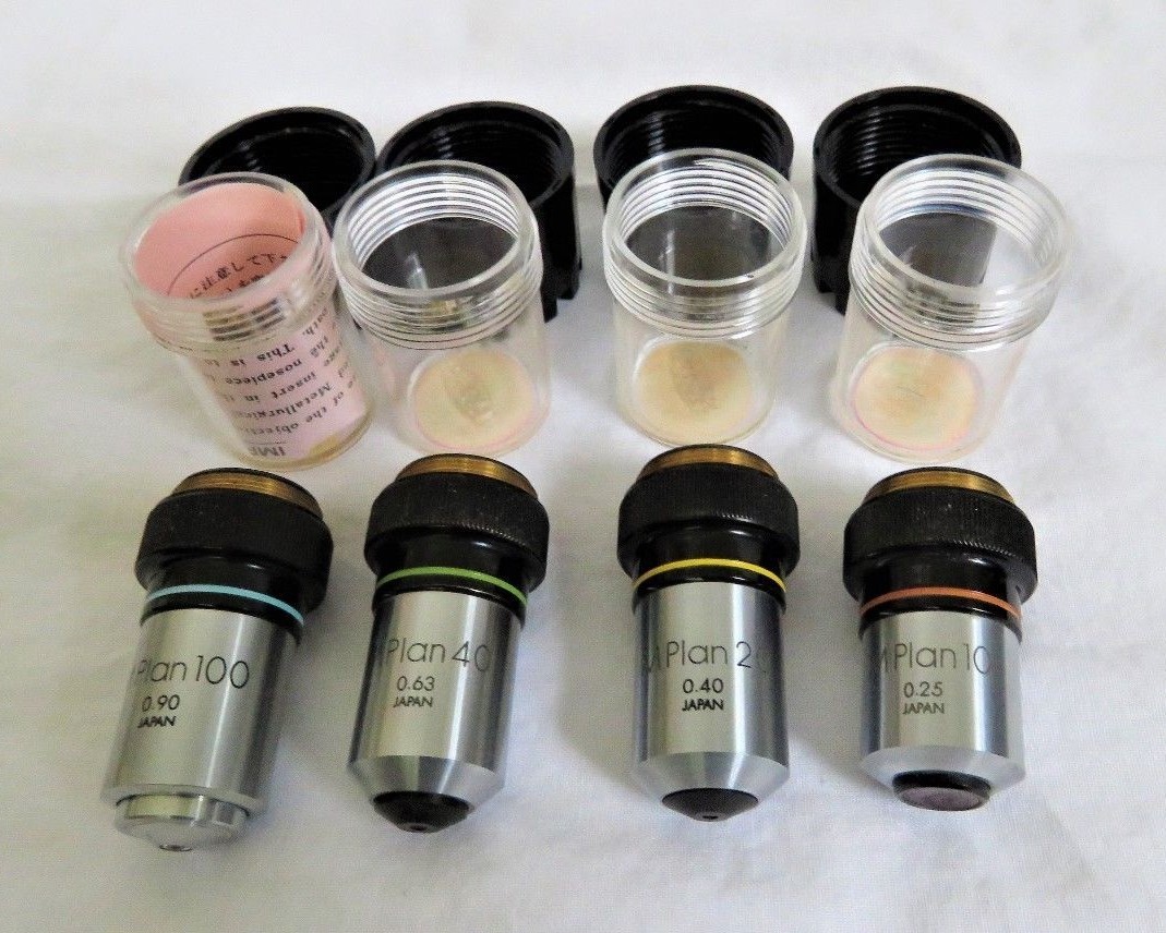 Olympus Microscope Objective Set (100, 40, 20, 10) & 4 Lenses 3 Bulbs CASE Full