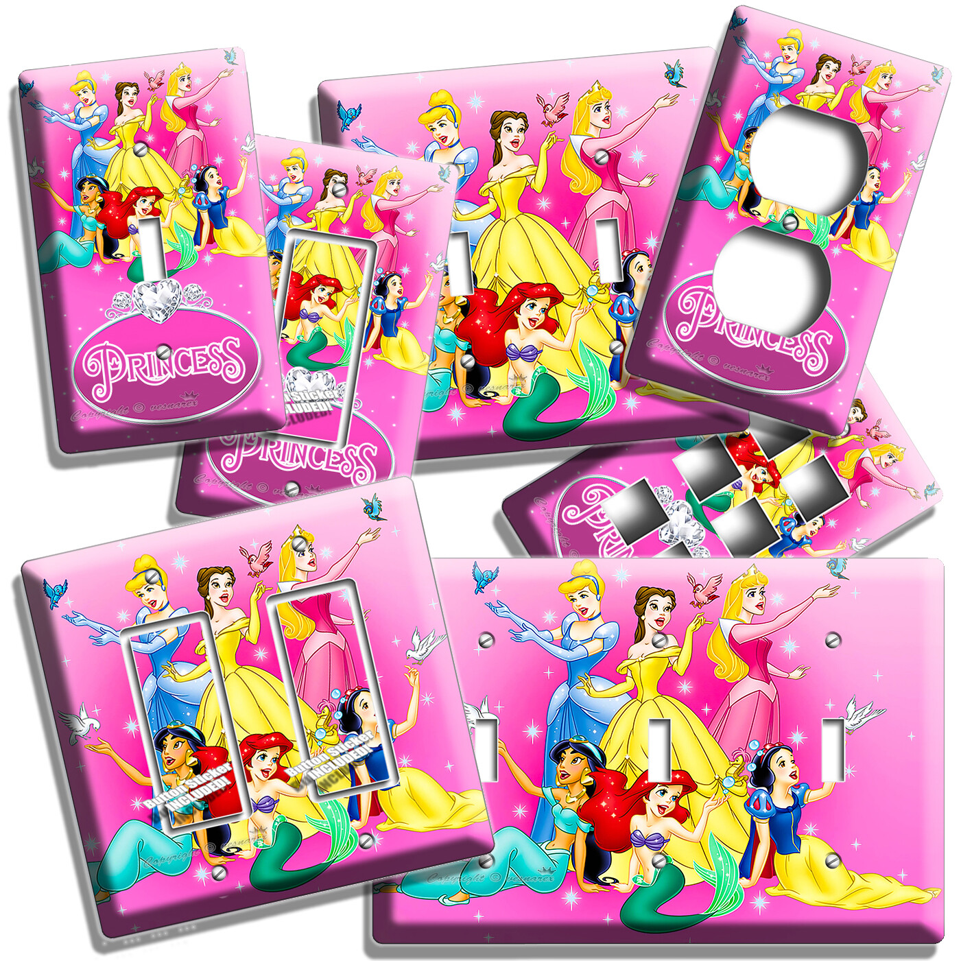 PRINCESSES CINDERELLA ARIEL BELL AURORA JASMINE LIGHT SWITCH OUTLET PLATES DECOR