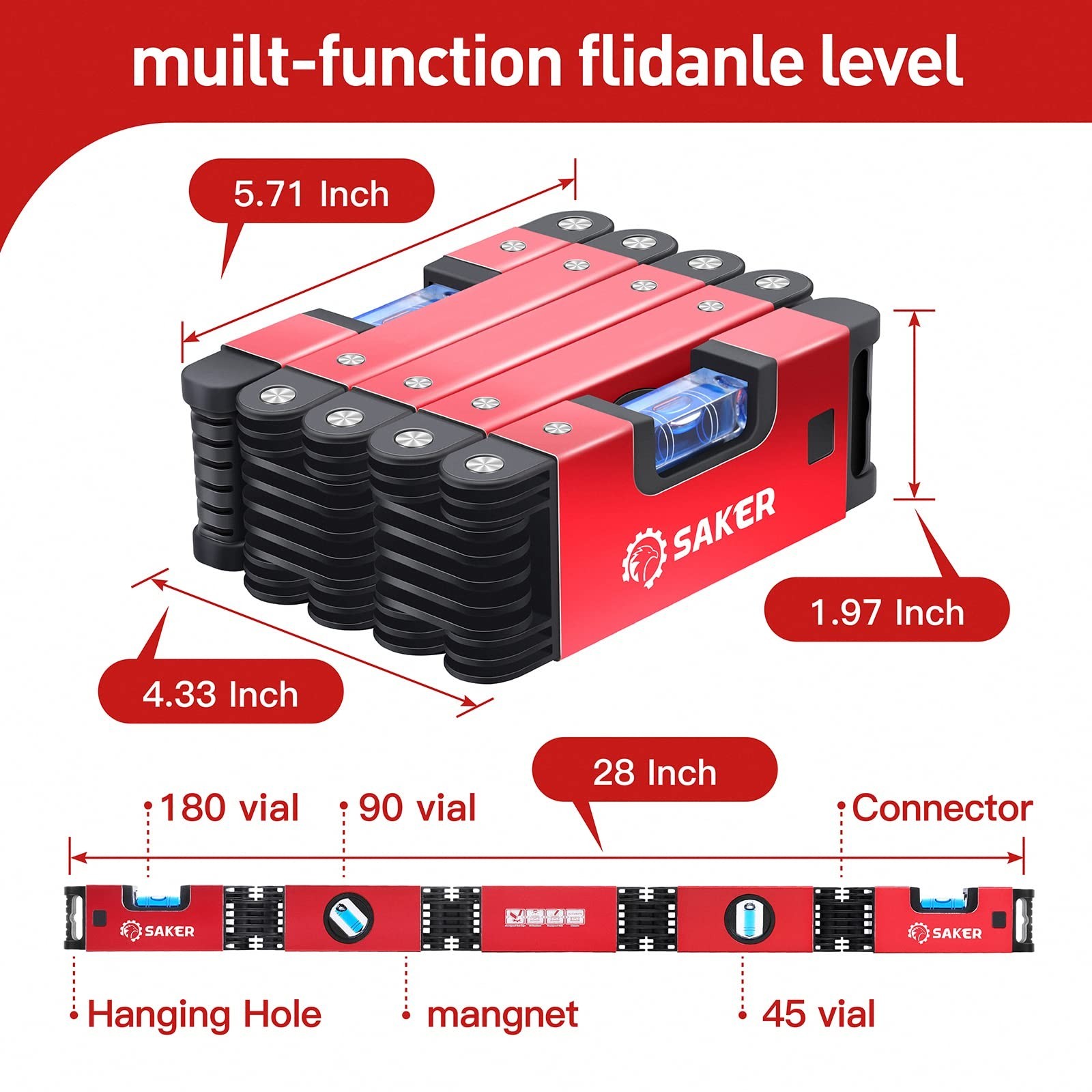 Multi-Function Foldable Level Tool - 28-Inch, Precise Multi-Angle Measurement, I