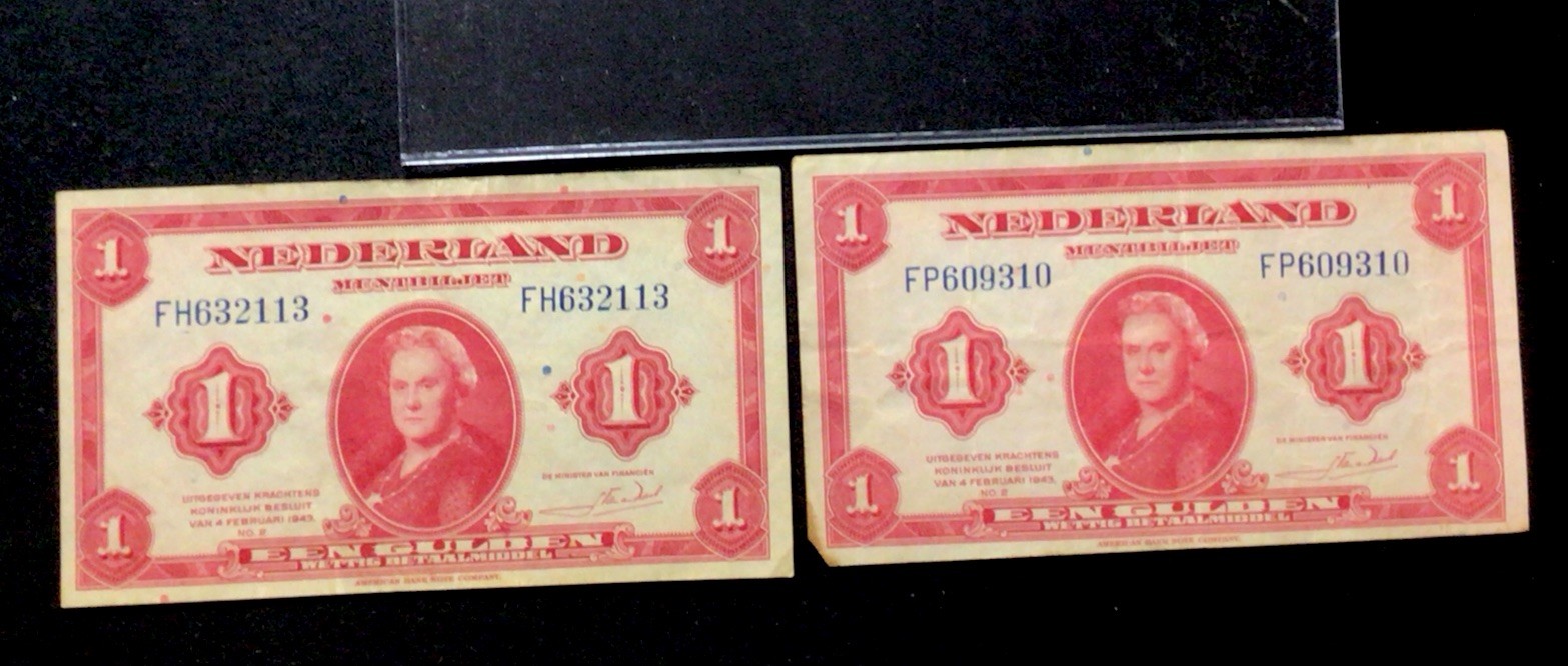 (2) 1943 Netherlands 1 Gulden Note! Queen Wilhelmina! ENN Coins