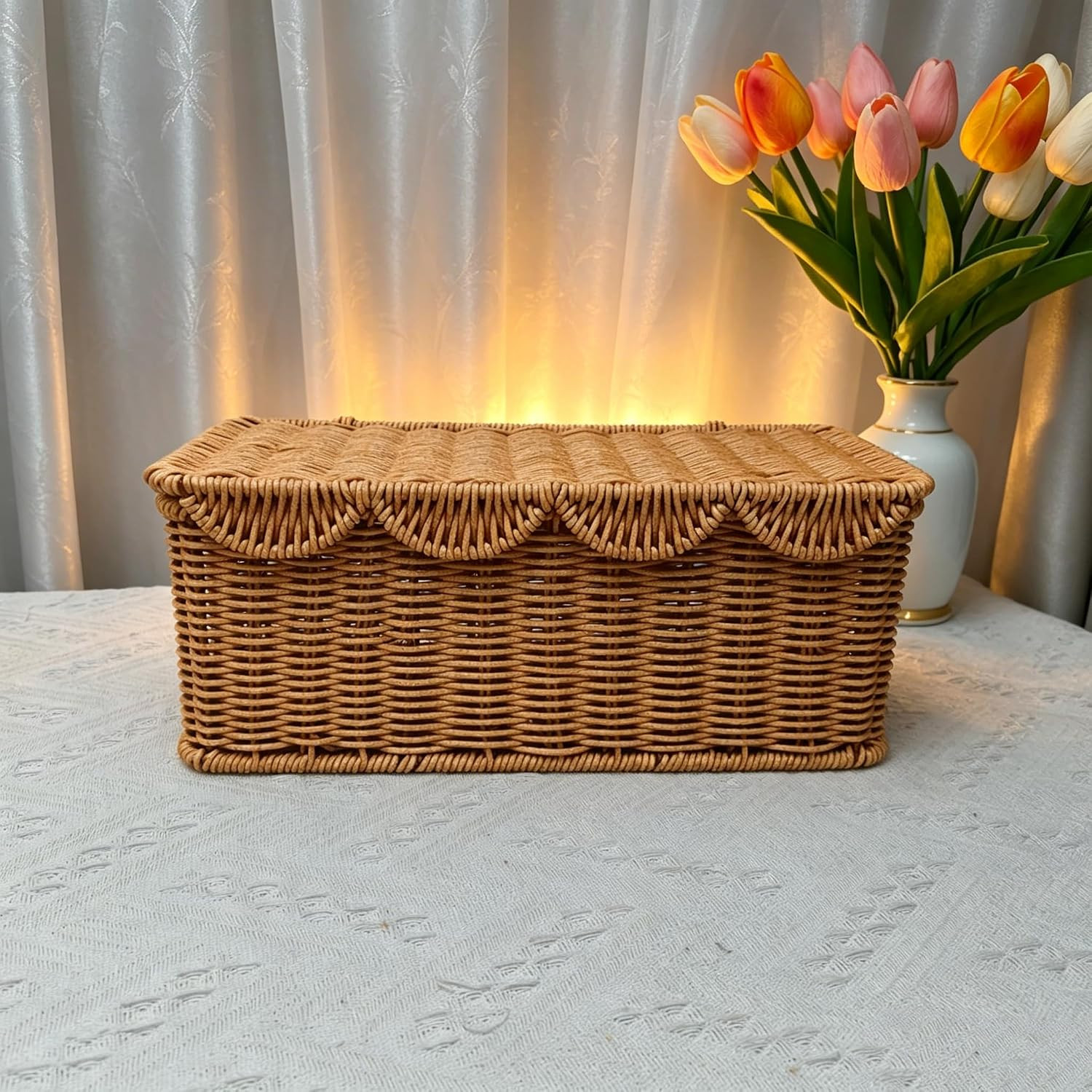 Natural Woven Rattan Storage Basket with Lid for Cable Management