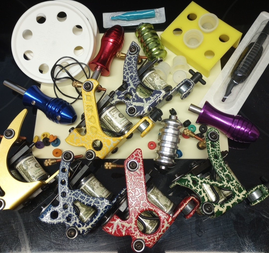 6 Coil Tattoo Machines & Supplies Lot, Ink Caps, Tubes, Tips, Grips, Skin, +More