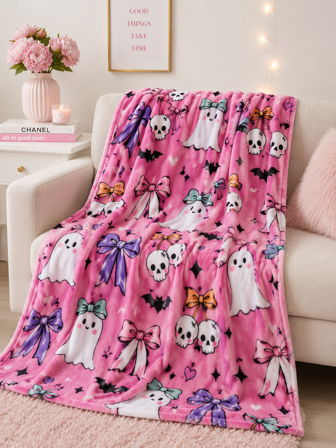 Betsey Johnson Plush Throw Blanket Pink Skull Ghosts 50x70 Ultra Soft Halloween