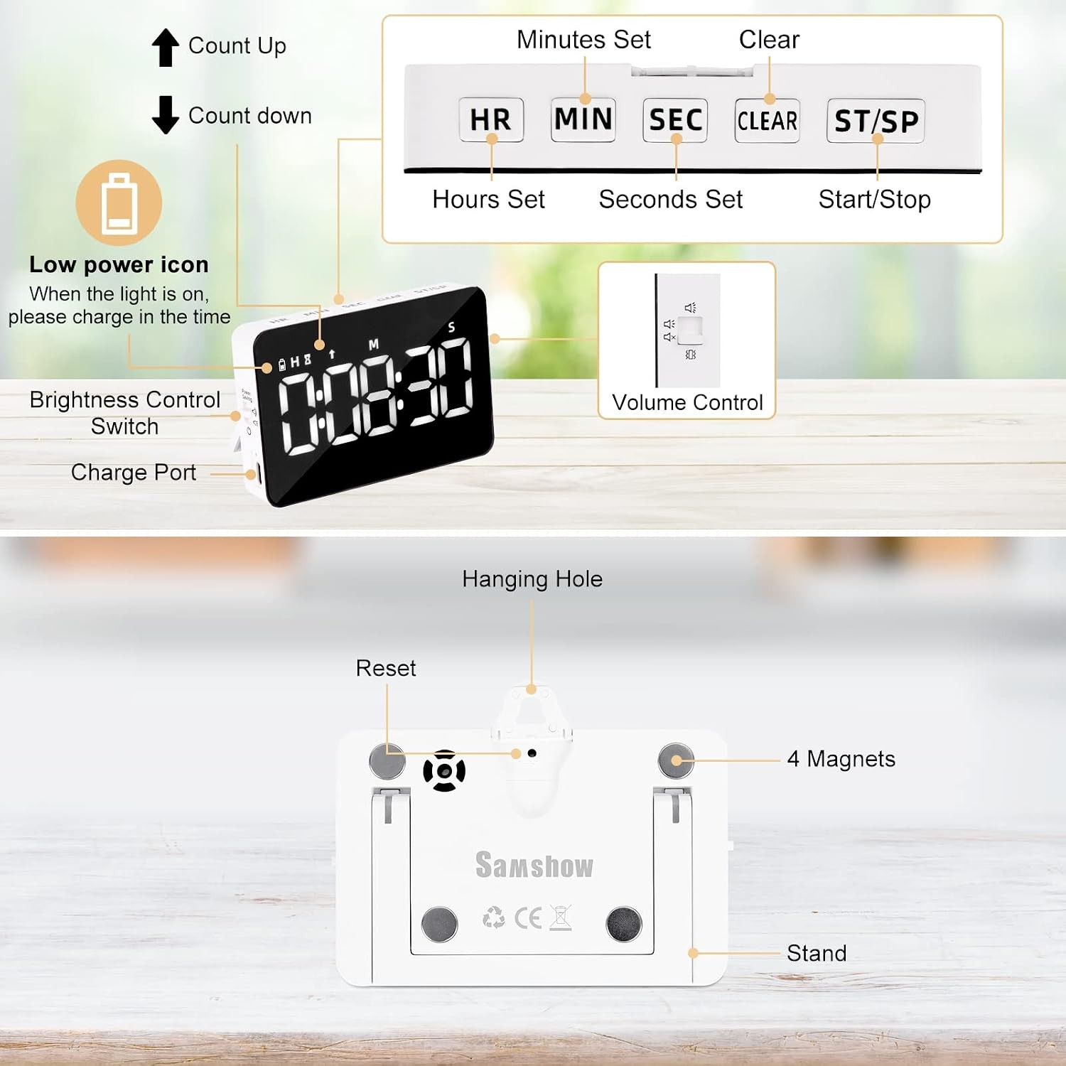 Digital Rechargeable Magnetic Kitchen Timer with Countdown for Cooking