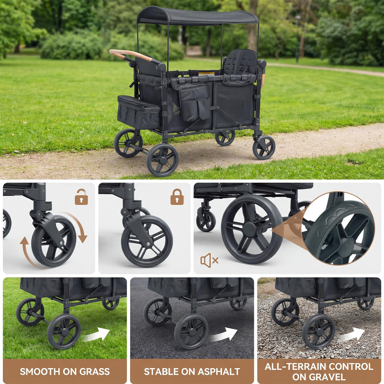 Wagon Stroller 4 Kids Push Pull Quad Collapsible Stroller 330LB Parent Organizer