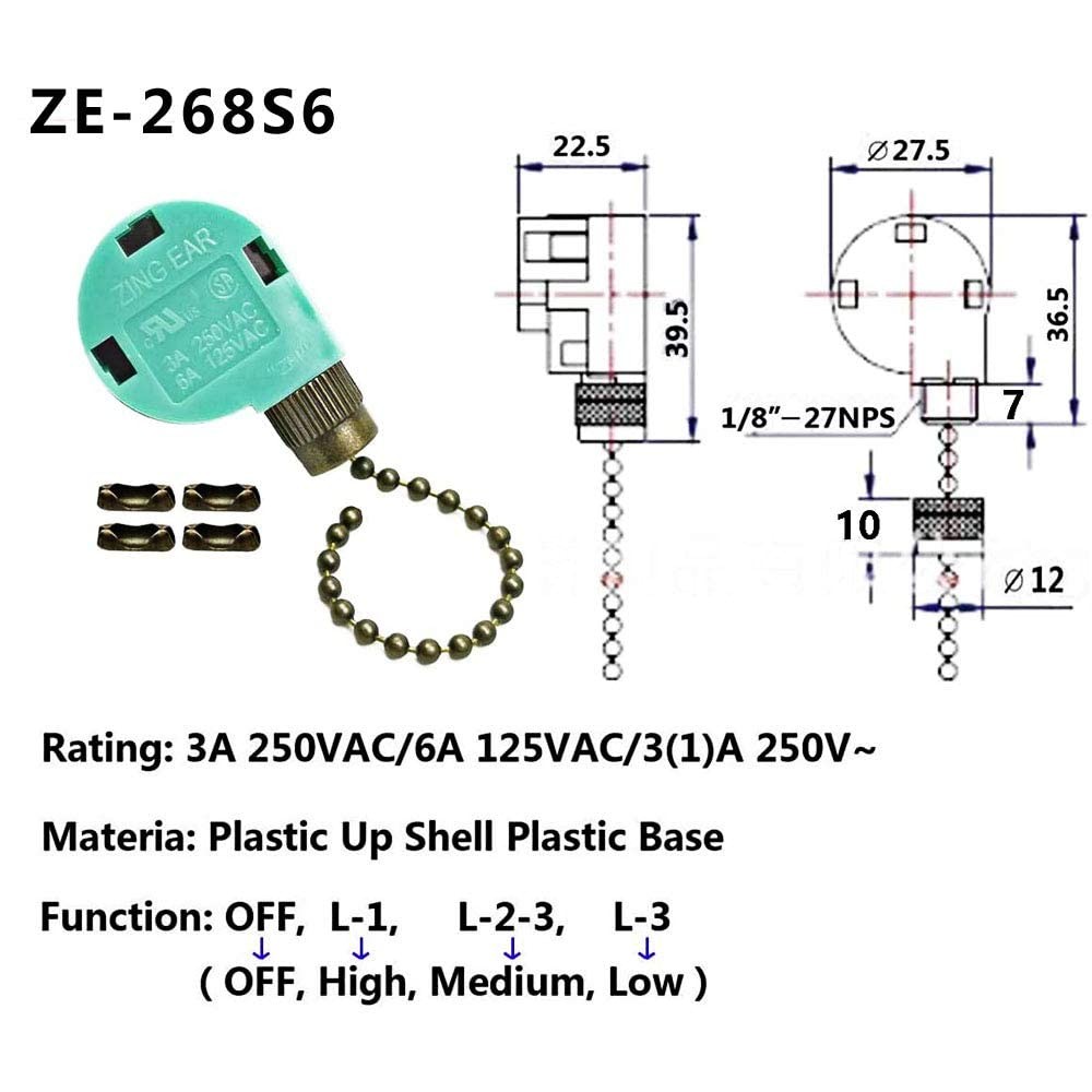 Ceiling Fan Switch ZE-268S6 3 Speed 4 Wire Bronze Zing Ear For Ceiling Light ...