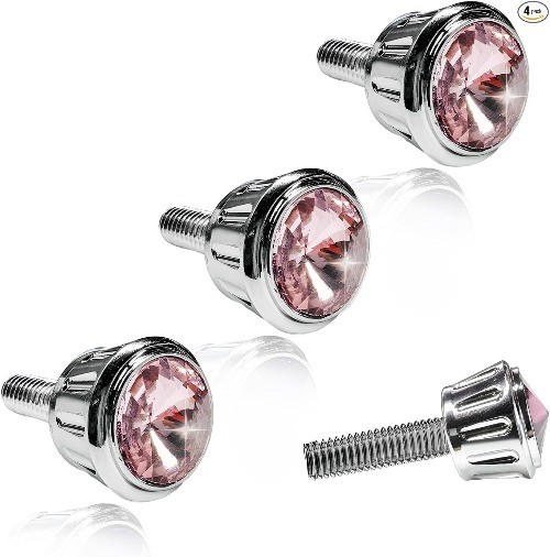 Anti-Theft License Plate Screw Kit with Rhinestone Caps, Rustproof Color: Pink