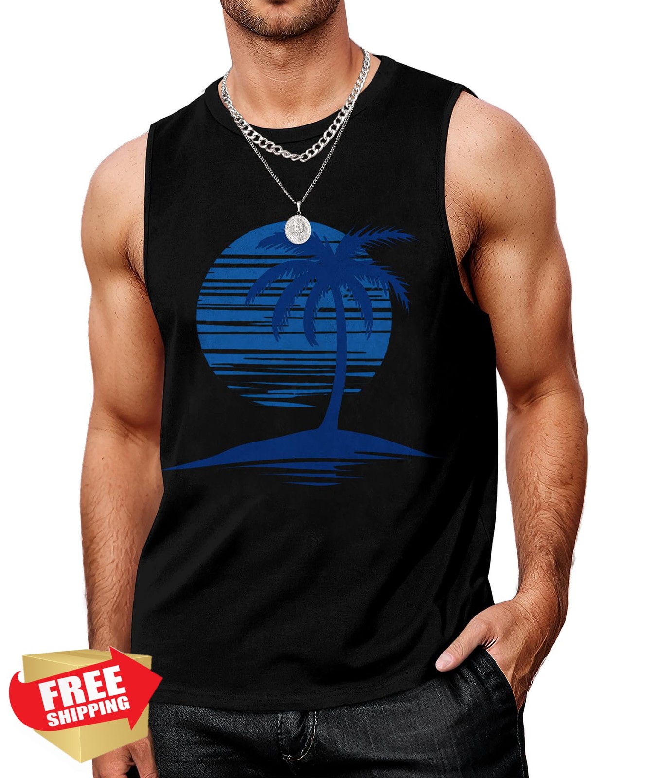 Indoner Men's Sleeveless Tank Top UPF 50+ Palm Tree Gym