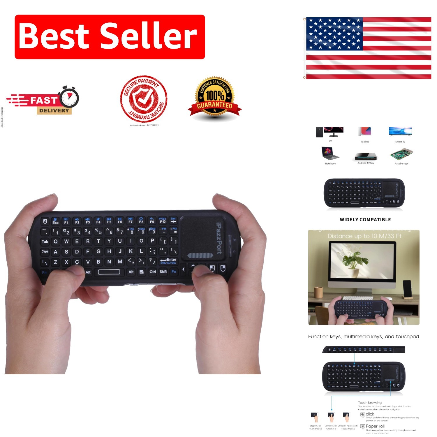 Ergonomic Wireless Mini Keyboard with Long Range Touchpad - Connect Anywhere