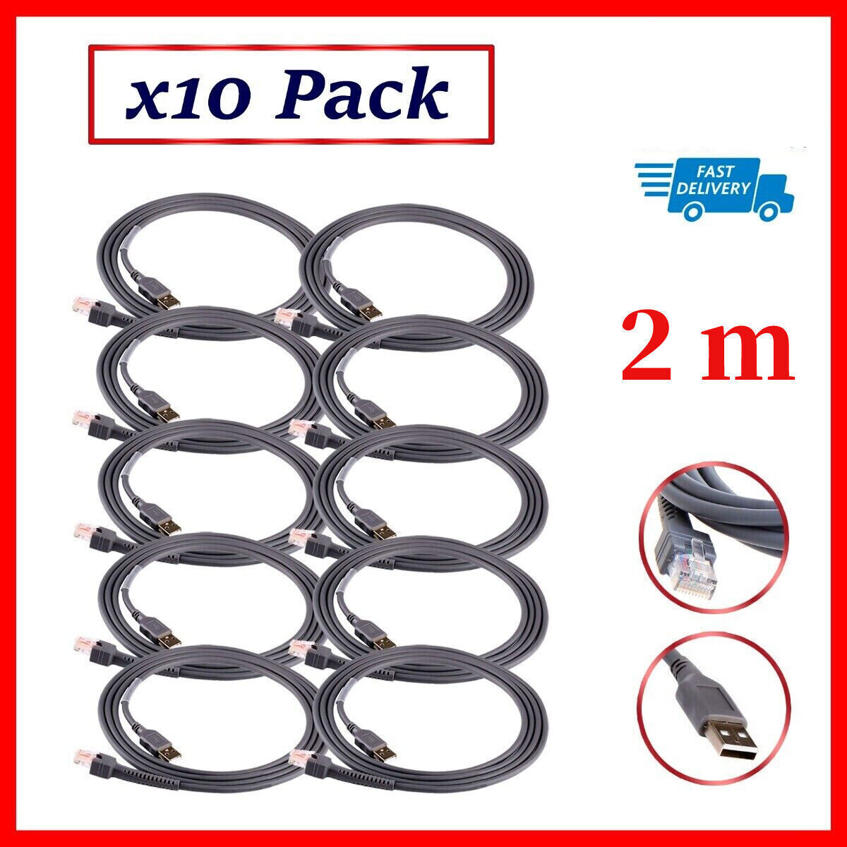 10 Pack   USB cable for Symbol Motorola Barcode Scanner 7FT 2M   Fast Shipping