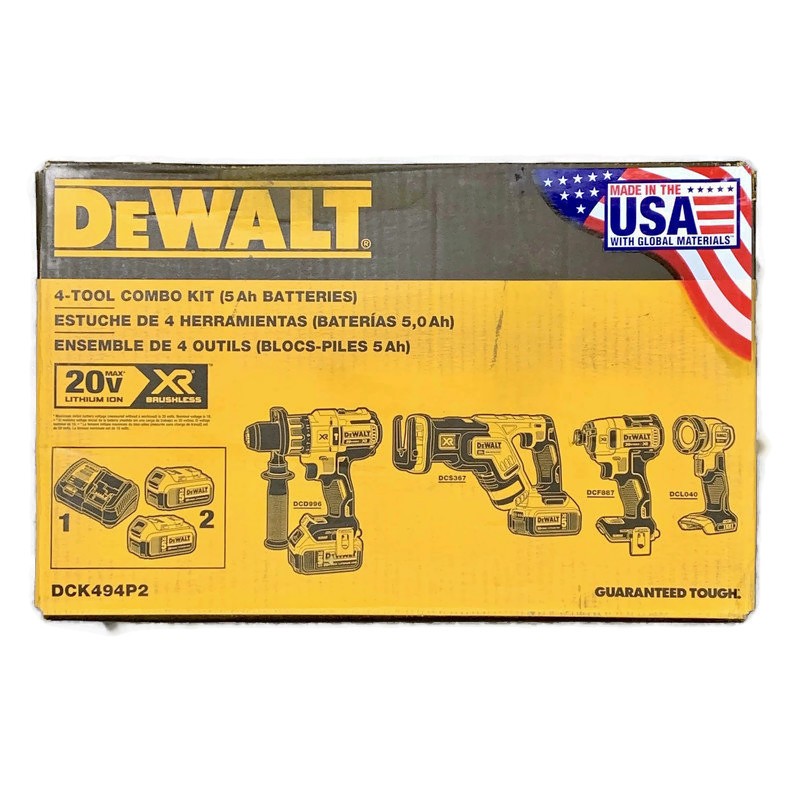 DEWALT DCK494P2 20V MAX XR Lithium Ion Brushless Cordless 4-Tool Combo Kit