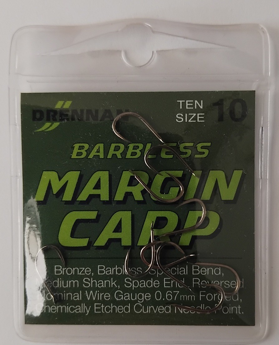 Pack of Drennan Margin Carp Barbless Spade End Hooks.  Size 10