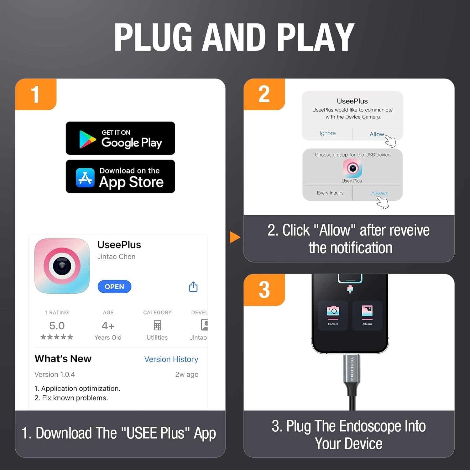 Endoscope Camera Teslong USB-C Borescope Inspection Camera for iPhone 15/Android