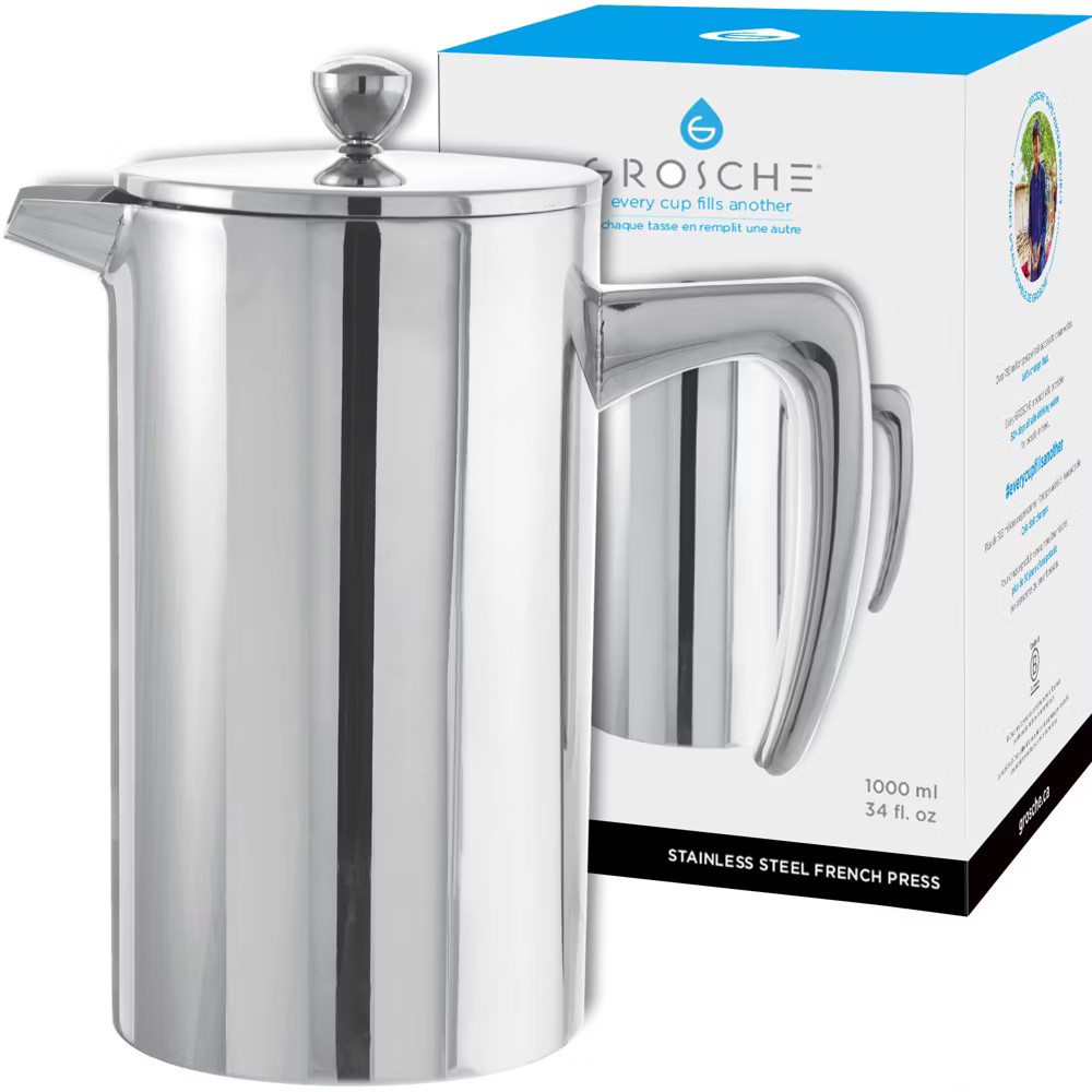 GROSCHE DUBLIN Stainless Steel Double Wall Insulated French Press, 34 fl oz.