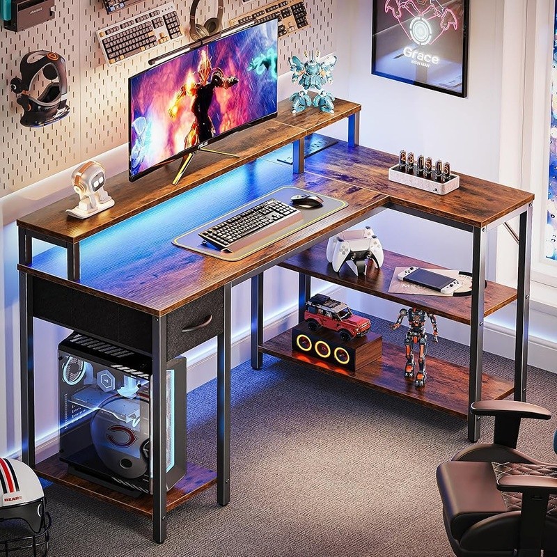 LED Gaming Desk W/ Power Outlets USB Ports Large Storage Space Adjustable Feet