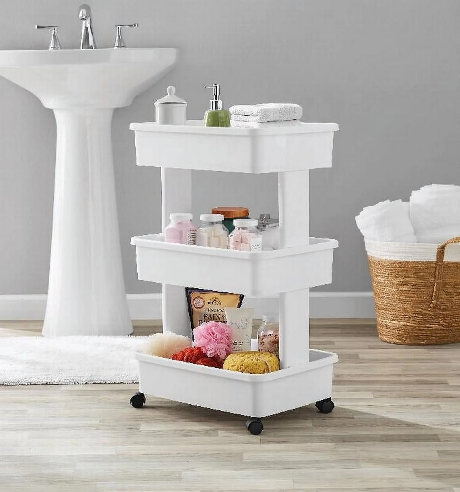 Mainstays 3-Tier Plastic Rolling Laundry Cart, Arctic White