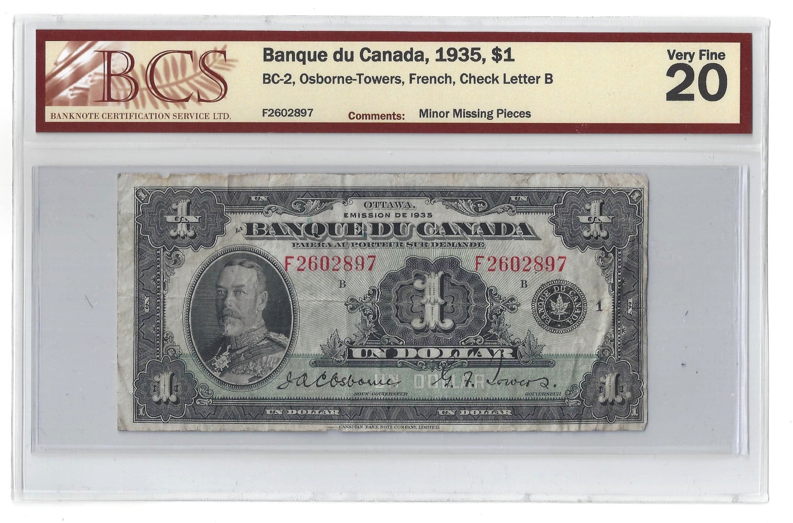 1935 Canada $1 Banknote Osborne-Towers  French Text BC-2 BCS VF-20