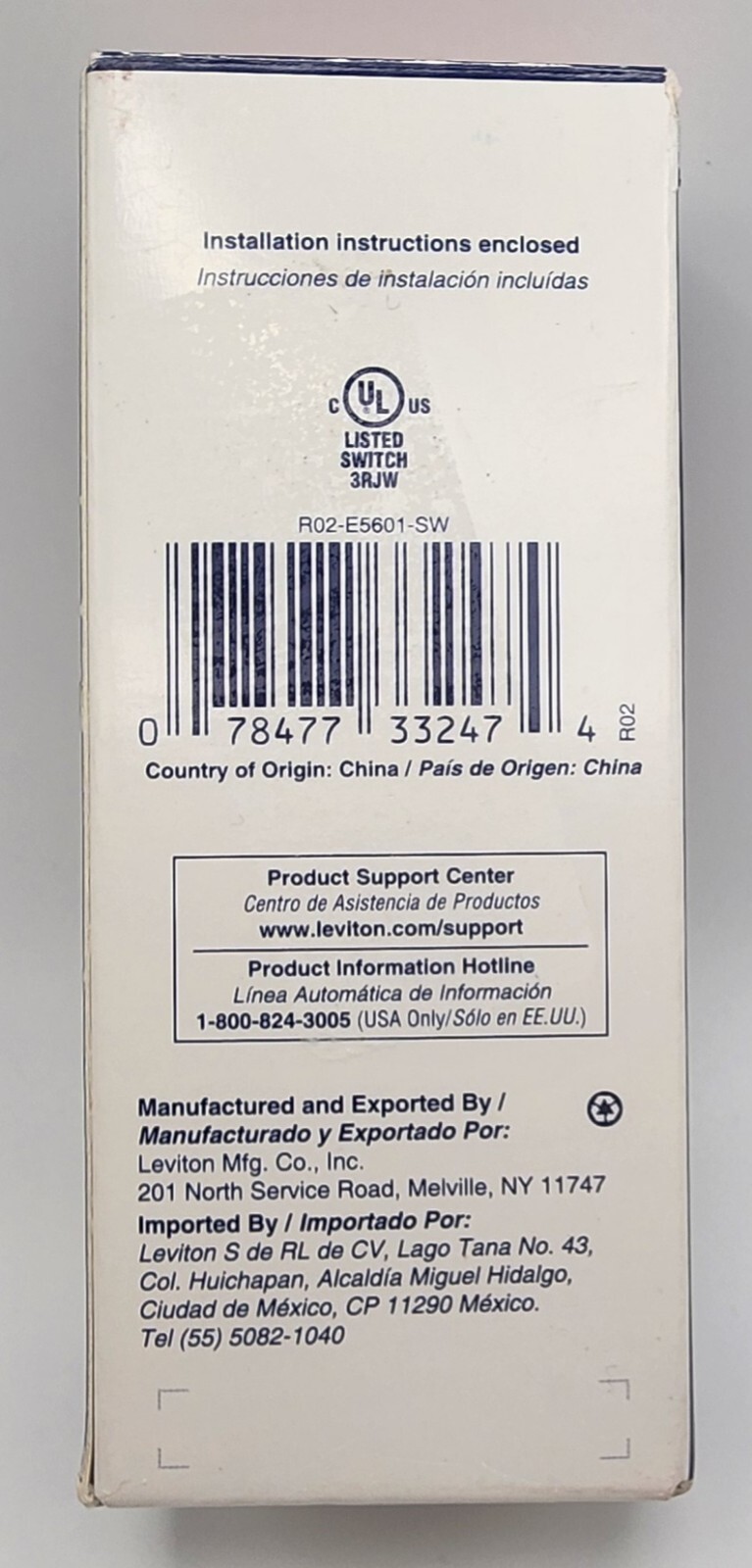 Leviton Switch 15A-120/277V AC/CA E5601-SW White Single Pole Rocker Switch
