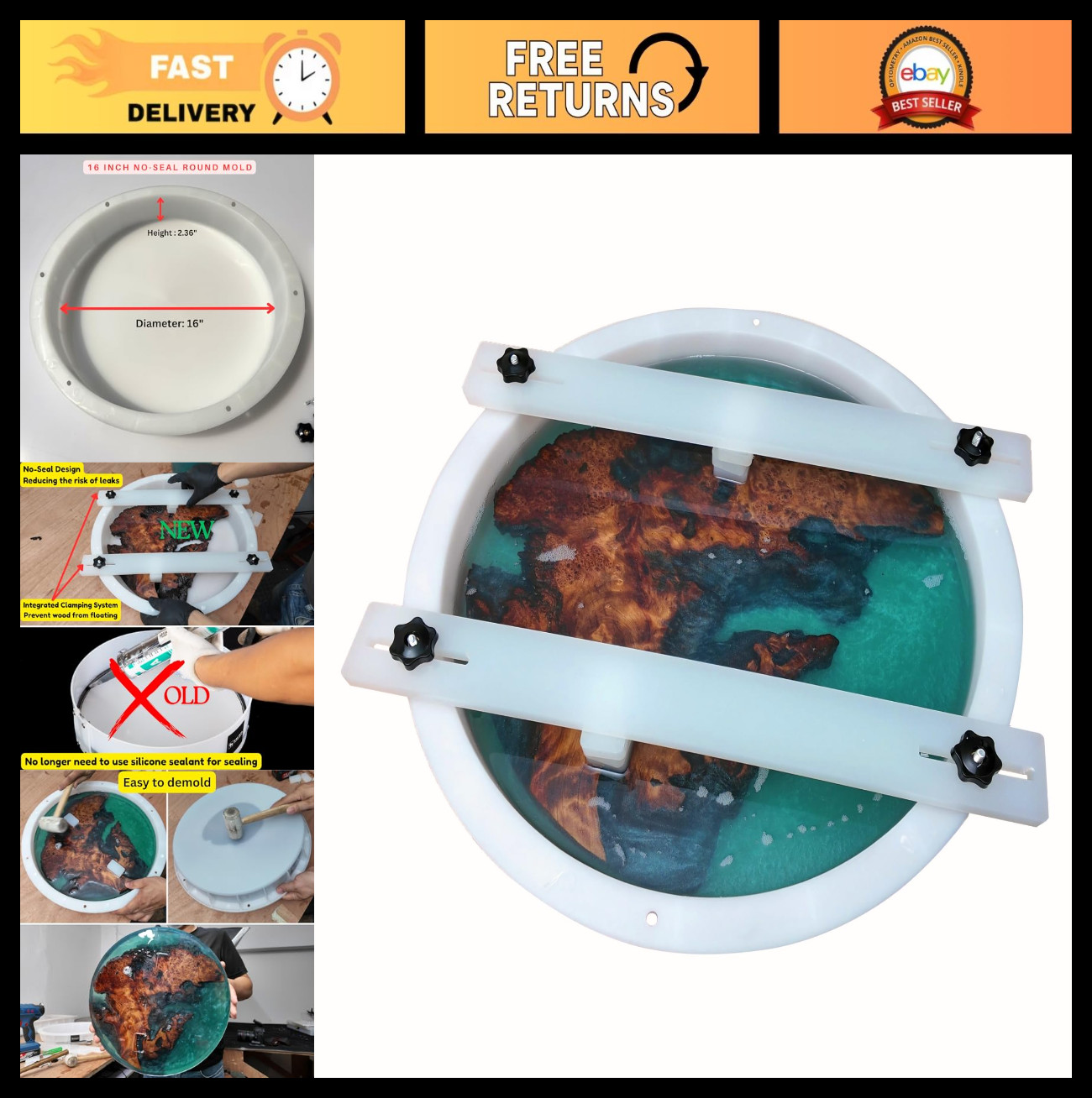 Large 16" Deep Round Resin Mold - Reusable Epoxy for Clock, Tray, Table & Floral