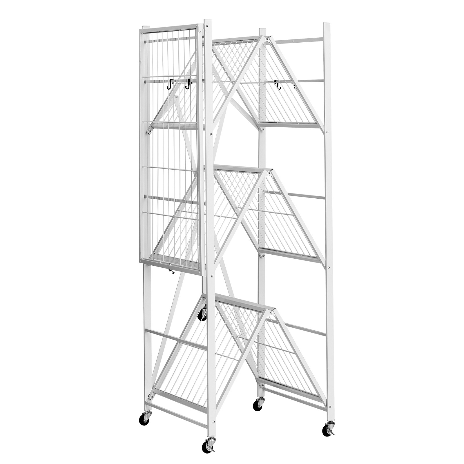 Folding Storage Shelf with Wheels 4-Tier No Assembly Organizer Shelf White