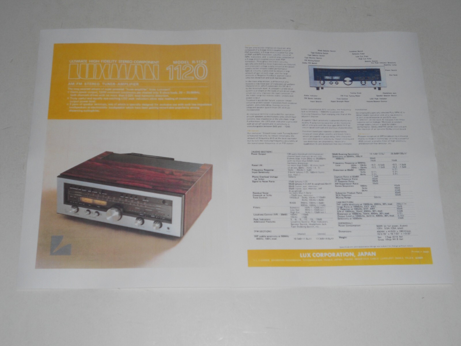 Luxman R-1120 Receiver Brochure 1978 Audiophile 2 pages, Specs, Article