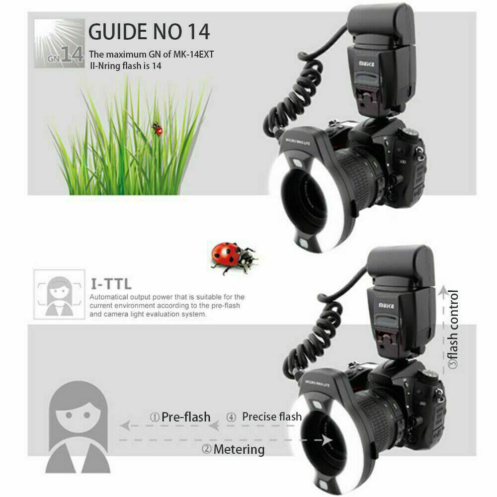 Meike MK-14EXT i-TTL LED Macro Ring Light Flash Speedlite Canon Nikon Camera