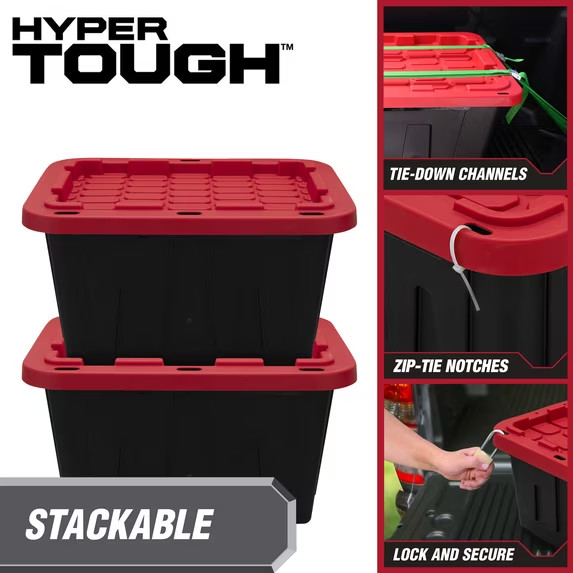Hyper Tough 27 Gallon Large Storage Bin with Snap Lid, Black and Red, Heavy Duty