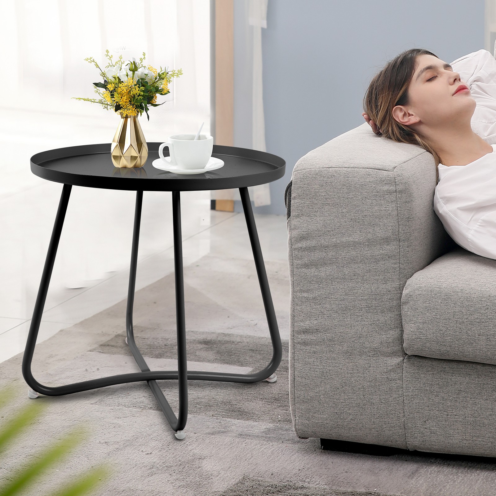 Outdoor Balcony Side Table 18.9" Round Coffee Tea End Table Patio Garden Bedside