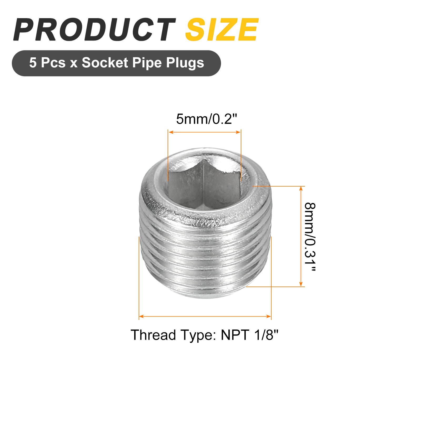 5Pcs Socket Pipe Plugs, NPT 1/8"Stainless Steel Hex Thread Pipe Caps, Silver