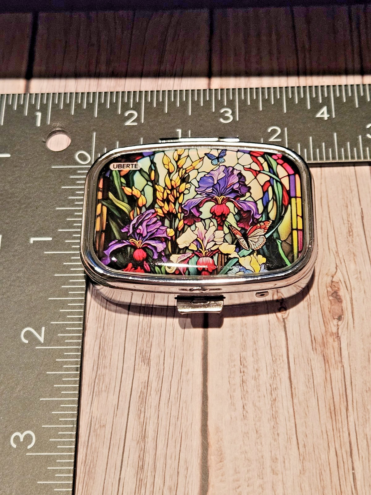 Iris Pill Box 2 Compartment Silver Tone Rectangular New Stained Gass Style