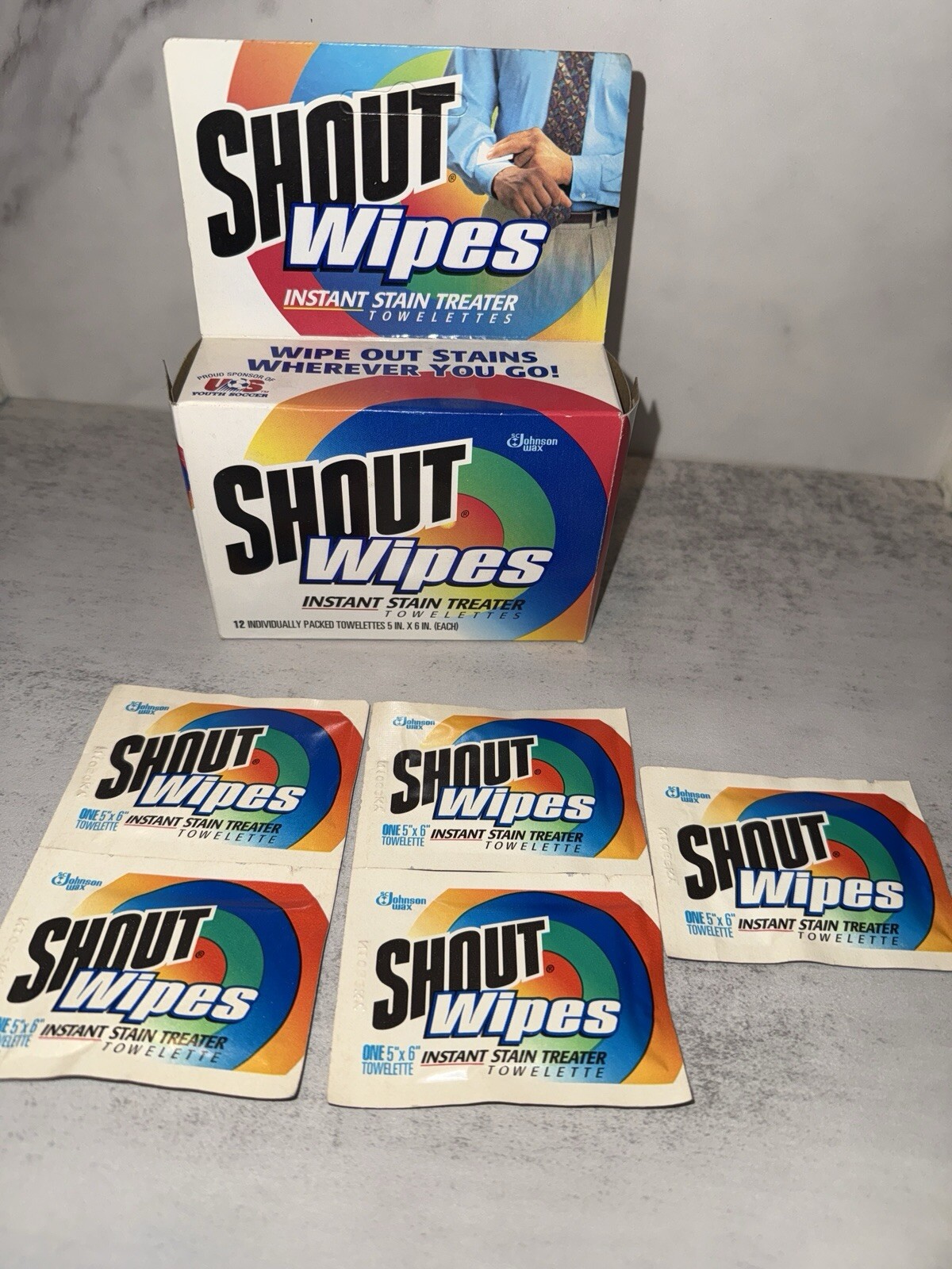 RARE 1997 Shout Wipes Instant Stain Treater Towelettes 5 Ind 5”x6” 80’s Prop