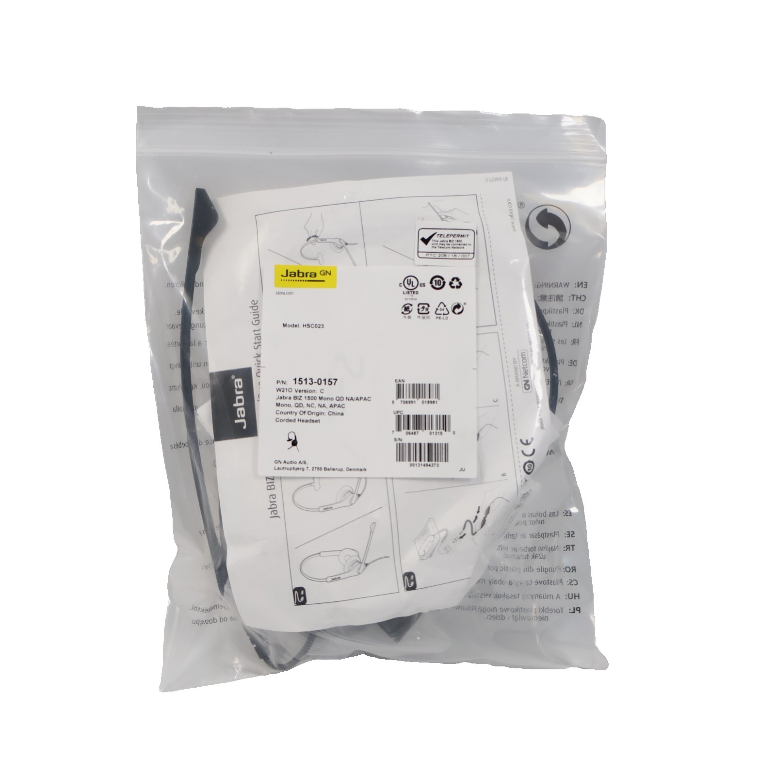 Jabra Biz 1500 Mono Wired Headset HSC023 P/N 1513-0157