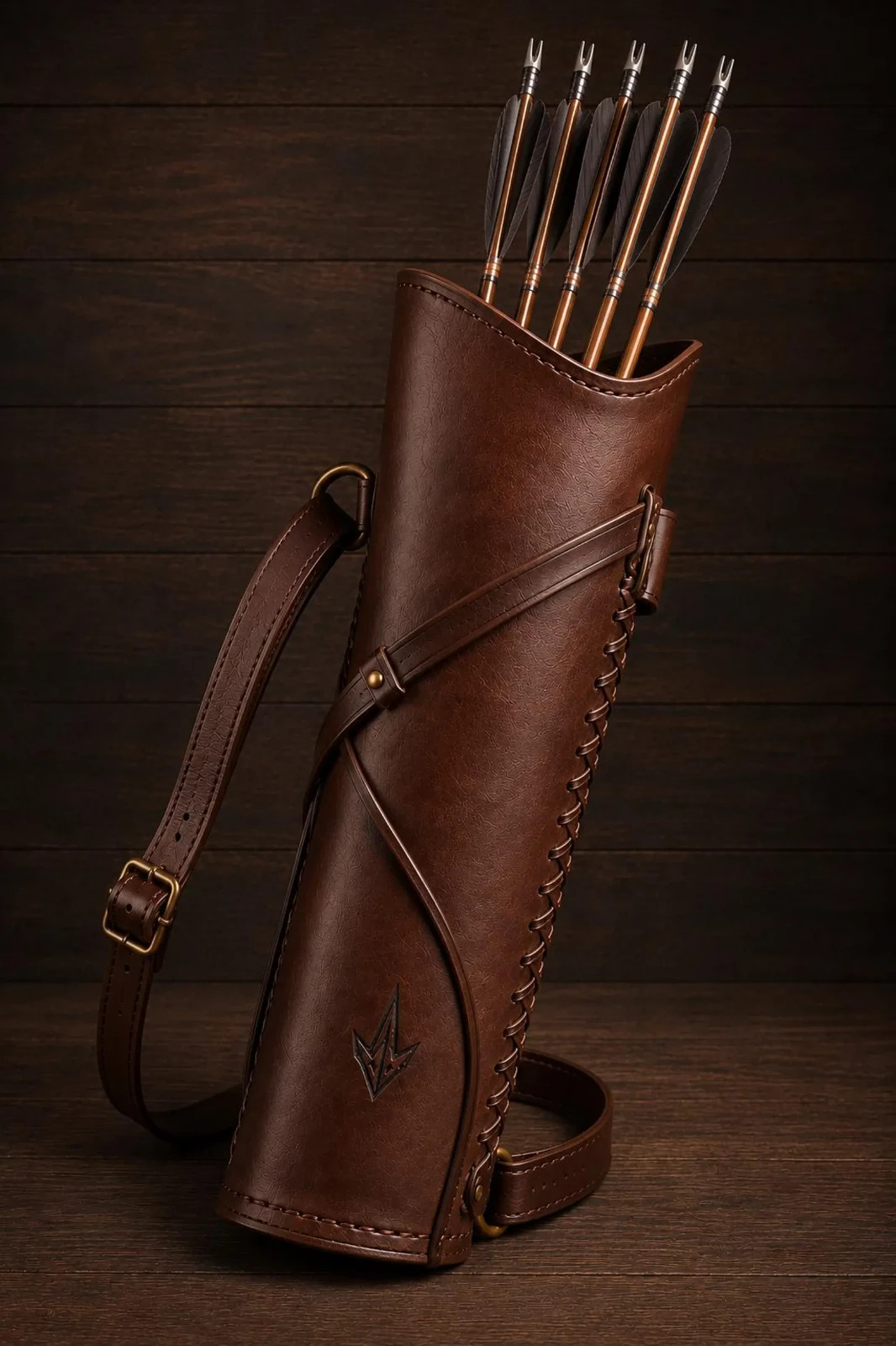 Handmade Brown Leather Archery Quiver Adjustable Shoulder Strap Traditional