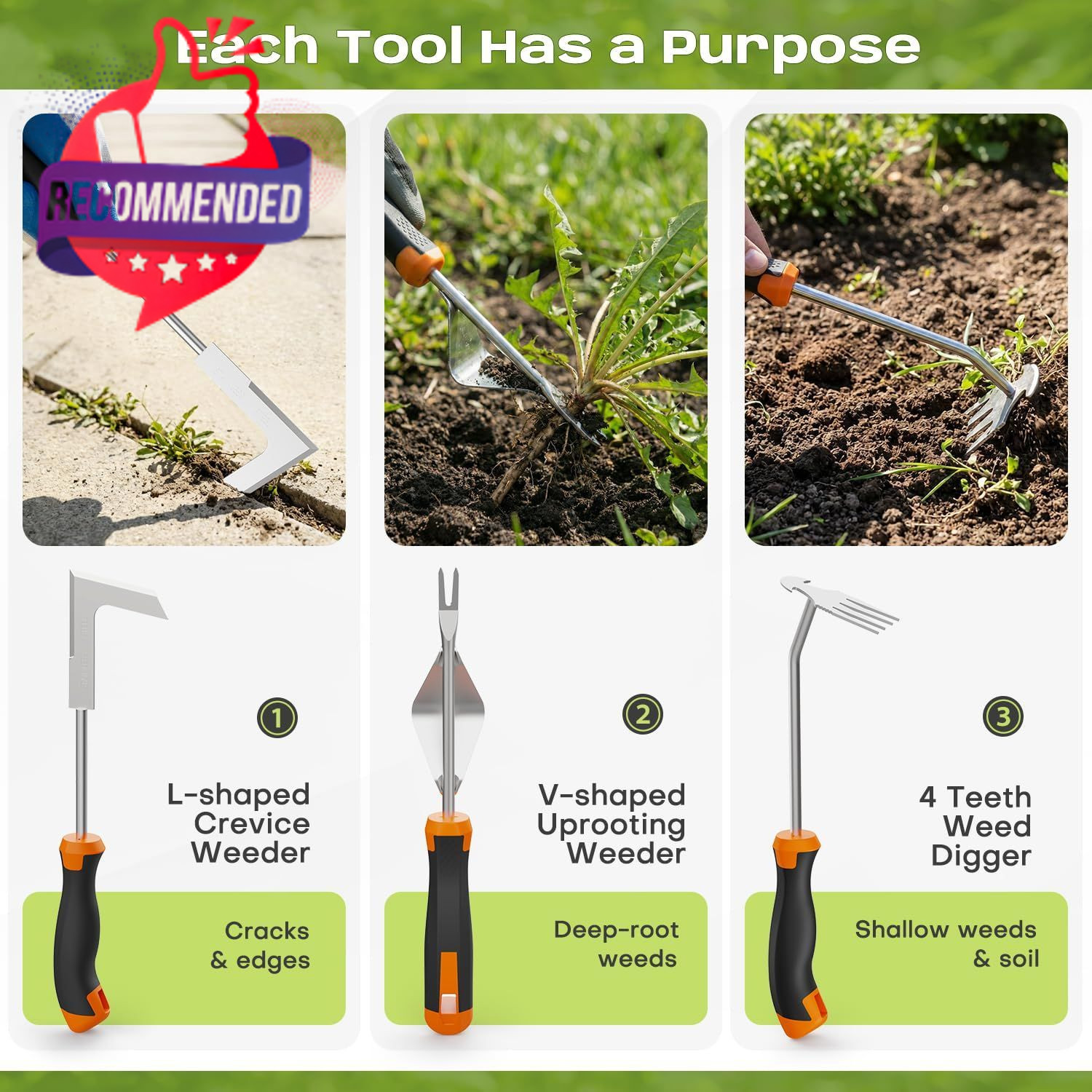 Weed Puller Tool 3 Pack Manual Root Remover Garden Lawn Weeding Black Orange