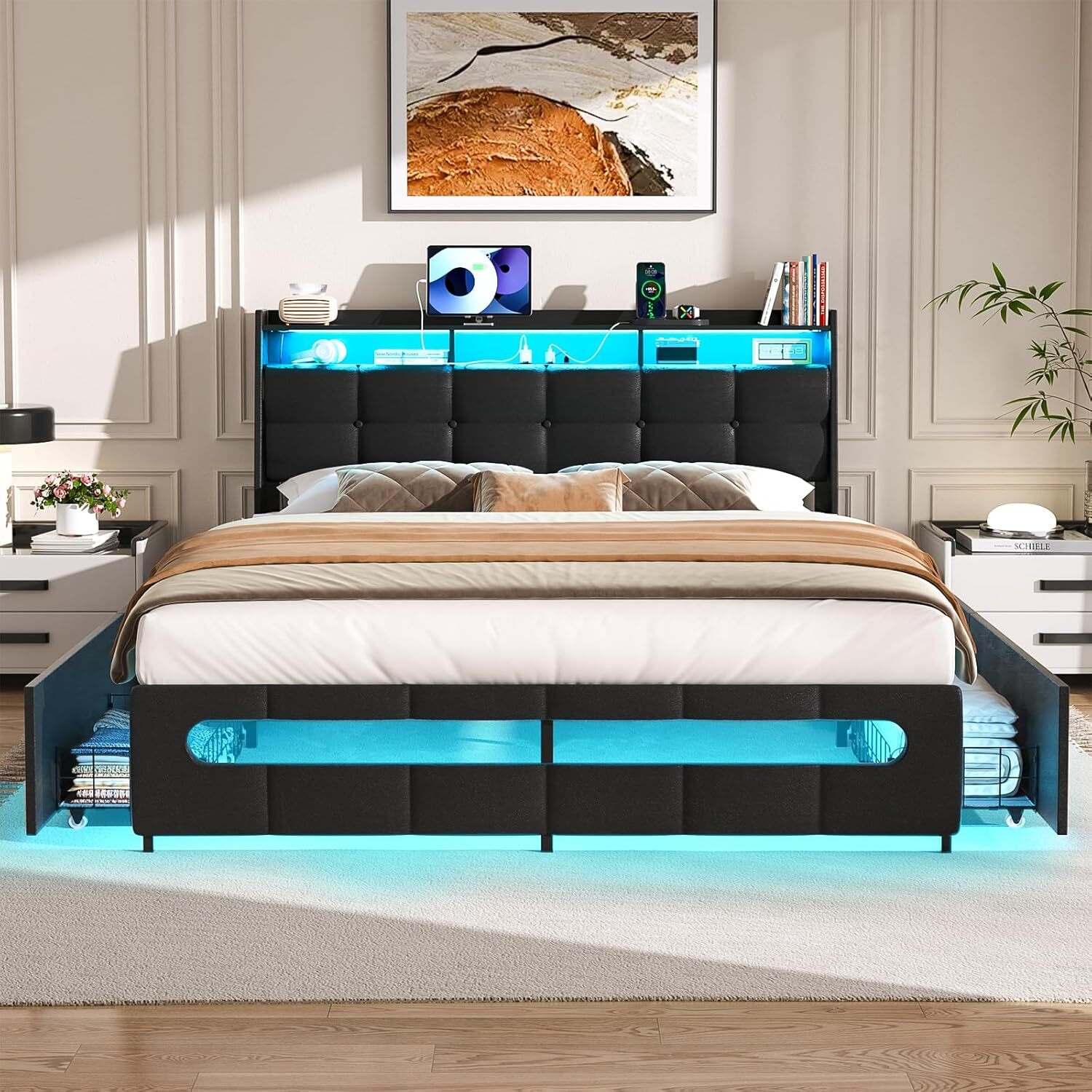 Homieasy Bed Frame with 4 Drawers ＆ Upholstered Headboard ＆ LED Lights ＆ Outlets