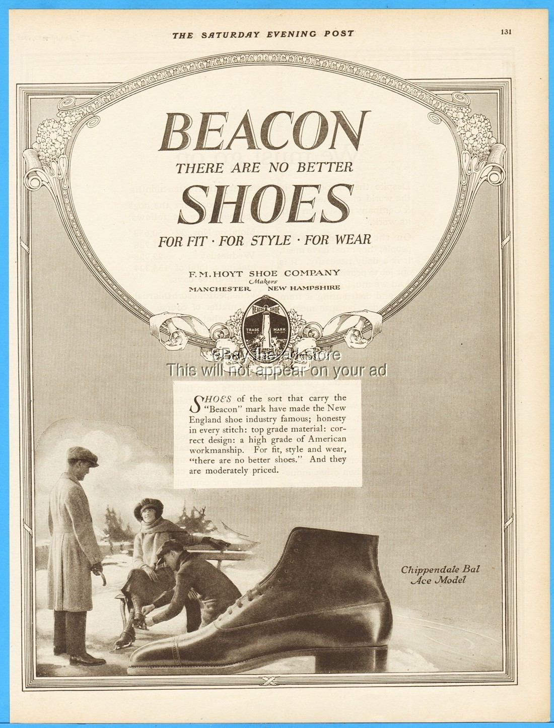 1921 F M Hoyt Shoe Co Manchester NH Beacon Men's Shoes Ice Skating Theme Ad