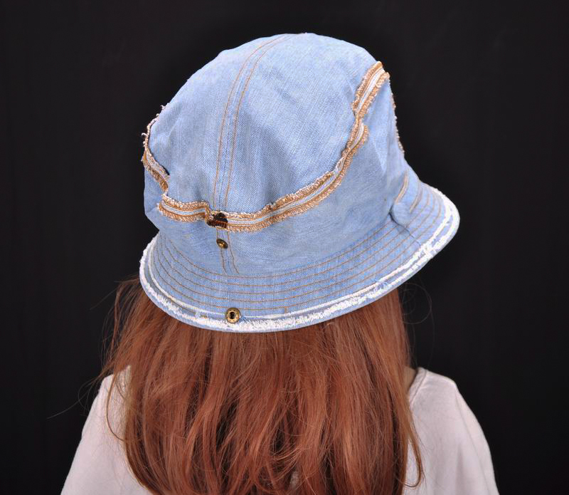 M196 Blue Nice Stripes Jeans Cotton Sun Hat Brim Cap Bucket Summer Women's NWT